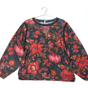 CATO | Long Sleeve Floral Blouse| Elastic Bottom Hem | Flowy Sleeve | Lace Panel